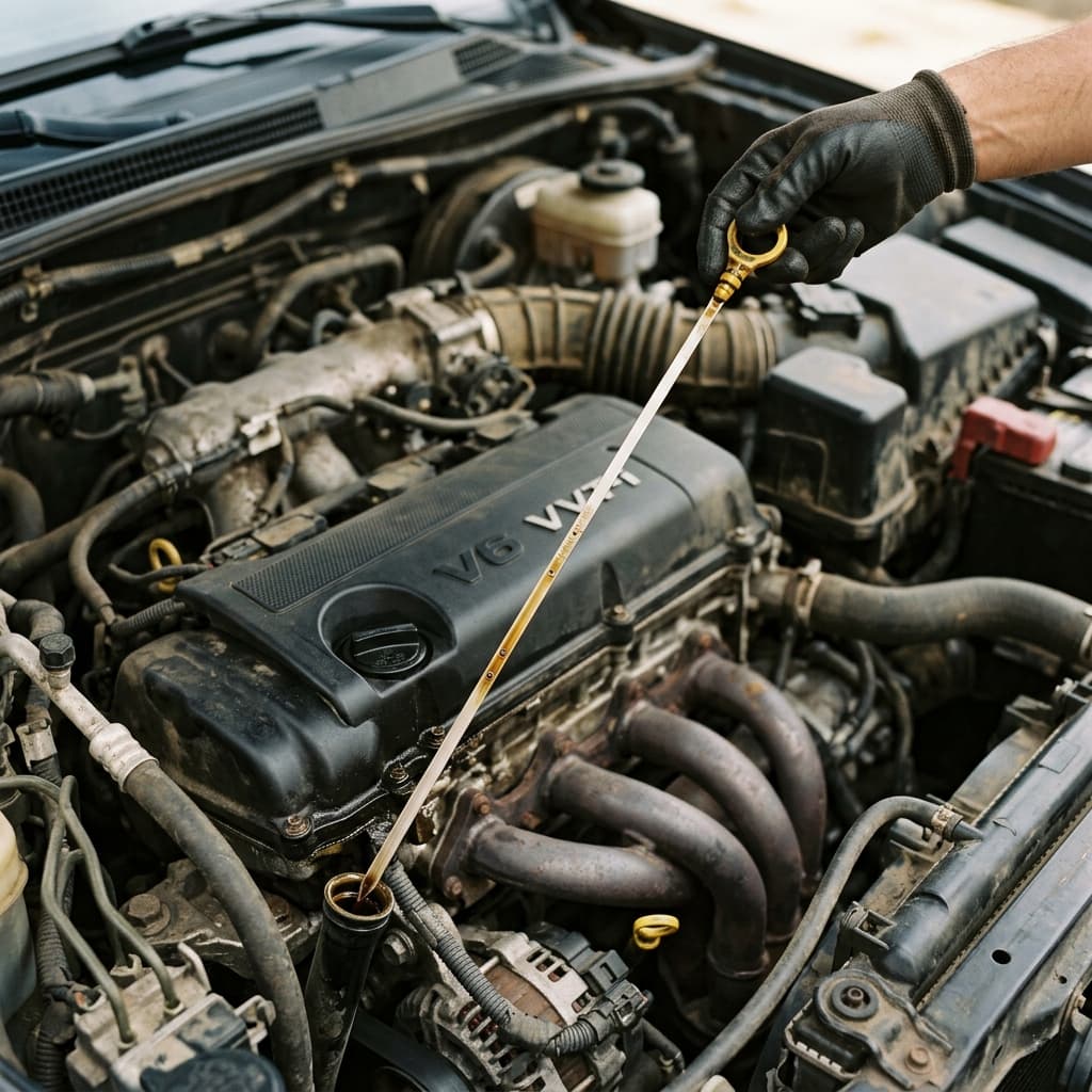 Verificando el nivel de aceite del motor con la varilla