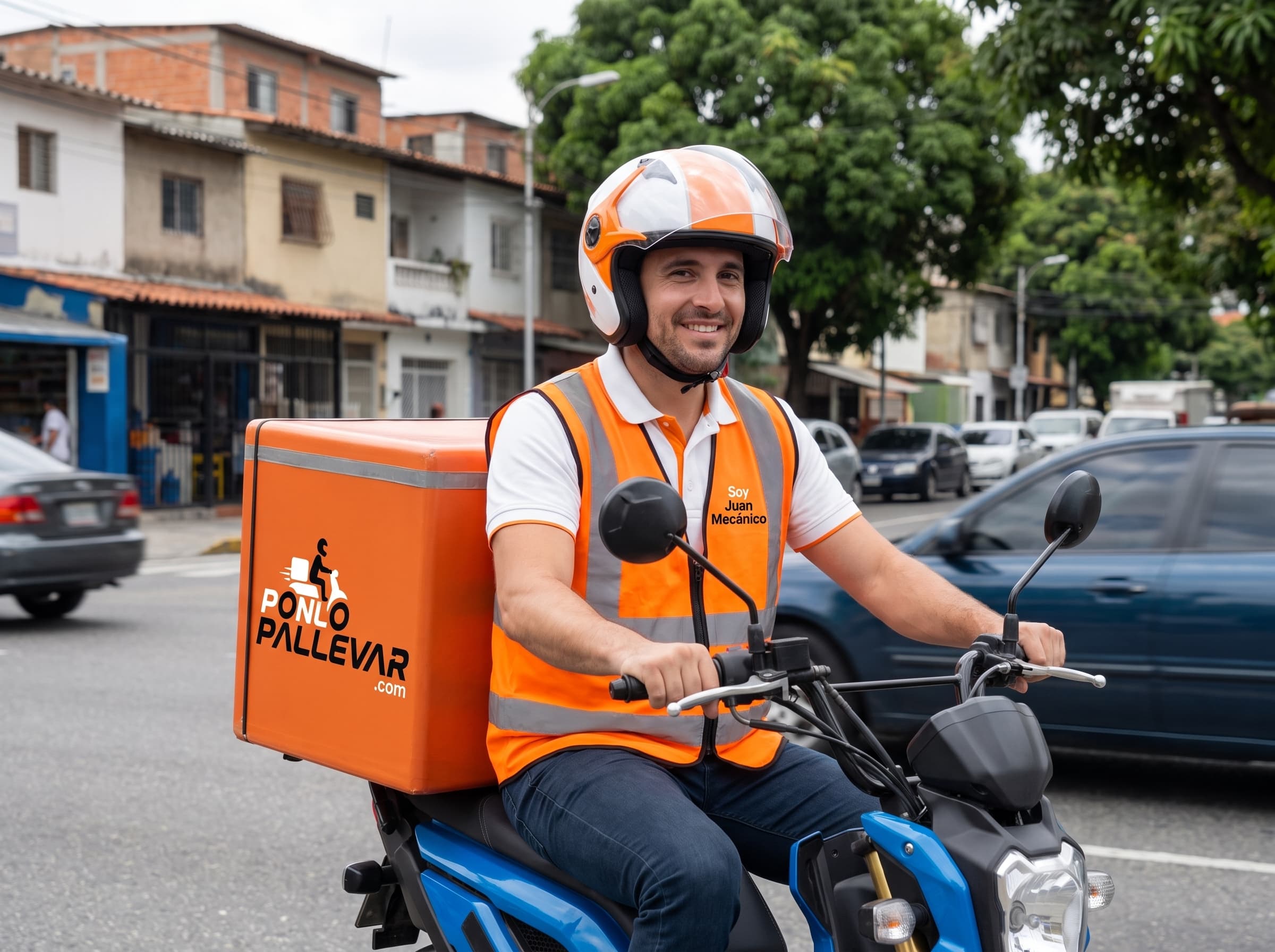 Repartidor de Ponlo Pa Llevar en su moto, con la caja de delivery naranja de la marca
