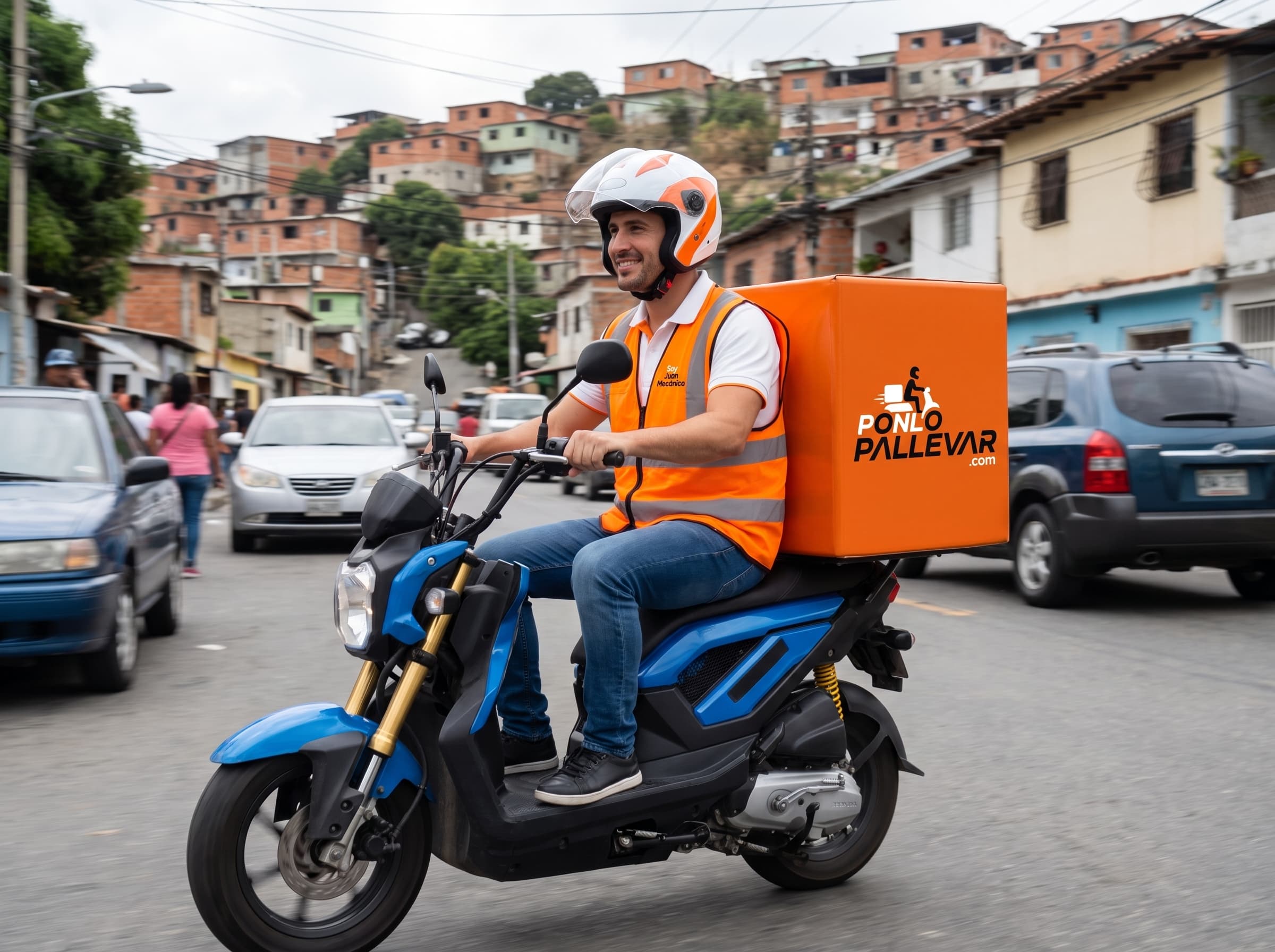 Repartidor de Ponlo Pa Llevar en su moto de delivery, con la caja naranja de la marca